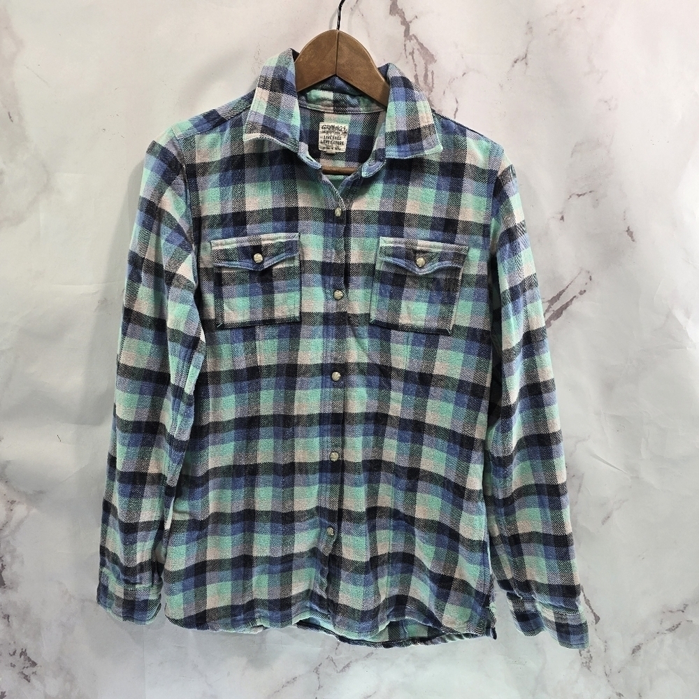 Gramicci Shirt Women Medium Blue Green Black Flannel Plaid Button Up Pearl Snap